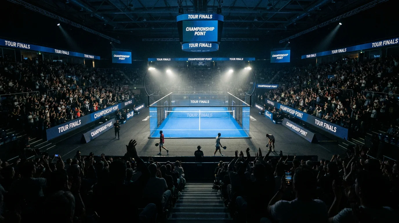 Закрита арена на Tour Finals с осветен централен корт